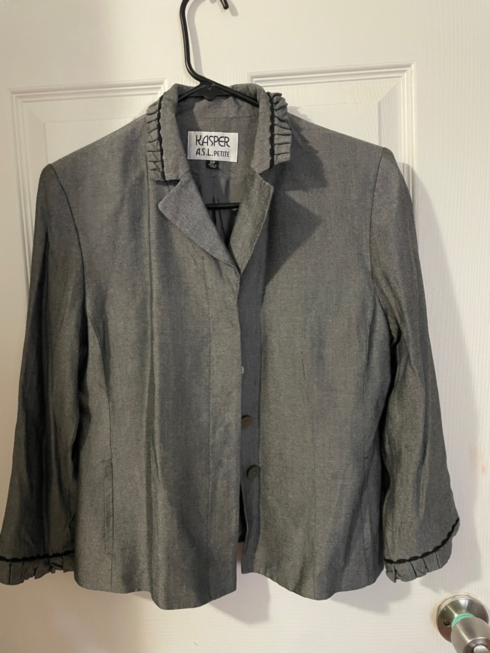 Kasper Petite Gray Ruffle-Trim Blazer